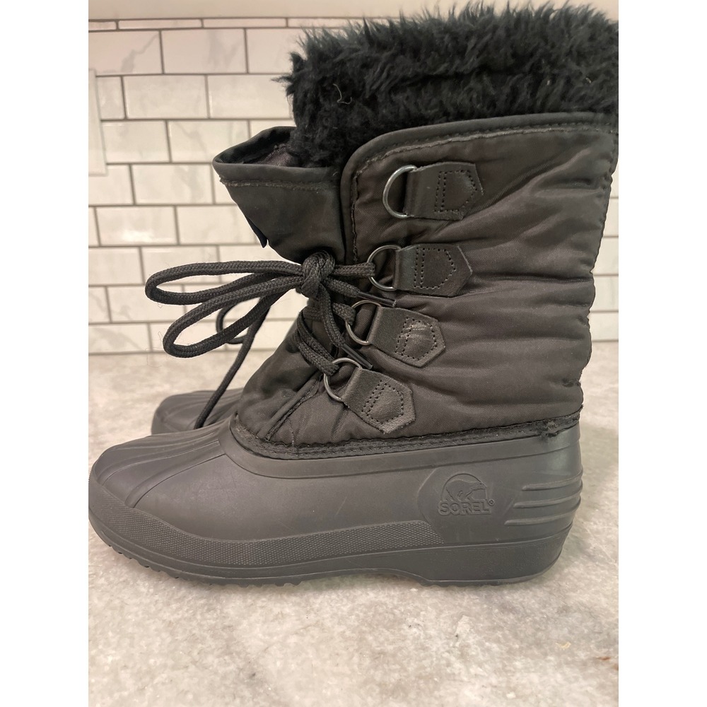 Sorel Snow Boots Women 7 Black Kaufman Canada Vintage Quilted Faux Fur Lined